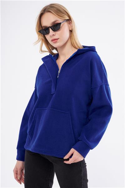 Kadin Yakasi Fermuarli Kapüşonlu Oversize Polar Kumaş Sweatshirt 23587-Sax