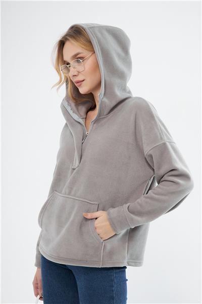 Kadin Yakasi Fermuarli Kapüşonlu Oversize Polar Kumaş Sweatshirt 23587-Gri