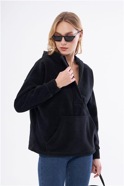 Kadin Yakasi Fermuarli Kapüşonlu Oversize Polar Kumaş Sweatshirt 23587-Siyah