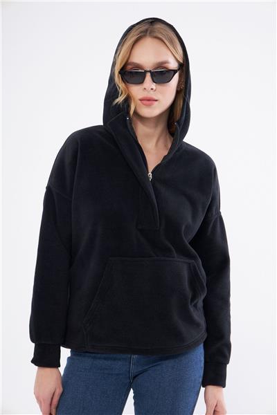 Kadin Yakasi Fermuarli Kapüşonlu Oversize Polar Kumaş Sweatshirt 23587-Siyah