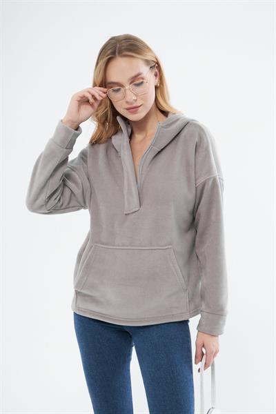 Kadin Yakasi Fermuarli Kapüşonlu Oversi?ze Polar Kumaş Sweatshirt 23587-gri?