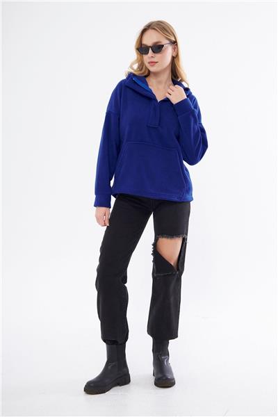 Kadin Yakasi Fermuarli Kapüşonlu Oversize Polar Kumaş Sweatshirt 23587-Sax