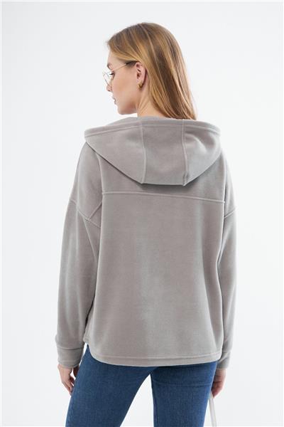 Kadin Yakasi Fermuarli Kapüşonlu Oversize Polar Kumaş Sweatshirt 23587-Gri