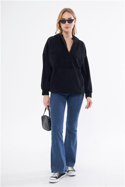 Kadin Yakasi Fermuarli Kapüşonlu Oversize Polar Kumaş Sweatshirt 23587-Siyah