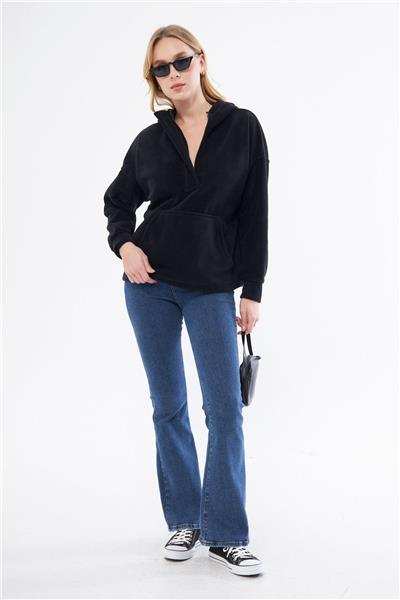 Kadin Yakasi Fermuarli Kapüşonlu Oversize Polar Kumaş Sweatshirt 23587-Siyah