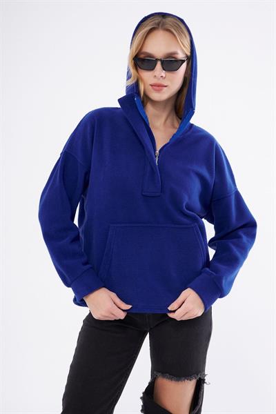 Kadin Yakasi Fermuarli Kapüşonlu Oversi?ze Polar Kumaş Sweatshirt 23587-sax