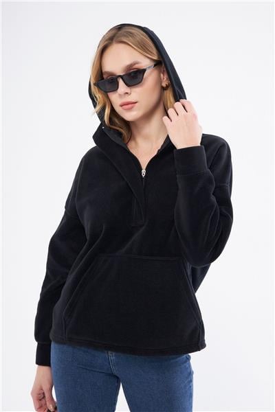 Kadin Yakasi Fermuarli Kapüşonlu Oversize Polar Kumaş Sweatshirt 23587-Siyah