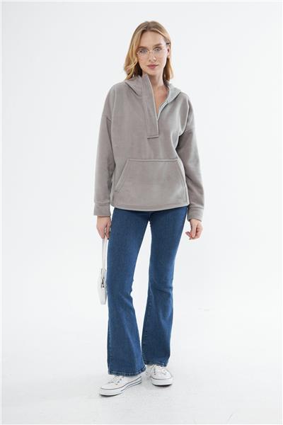 Kadin Yakasi Fermuarli Kapüşonlu Oversize Polar Kumaş Sweatshirt 23587-Gri