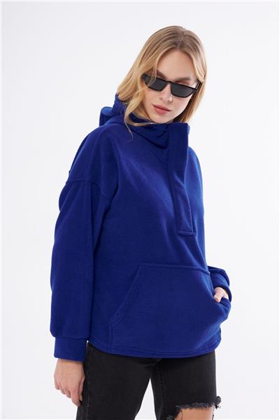 Kadin Yakasi Fermuarli Kapüşonlu Oversize Polar Kumaş Sweatshirt 23587-Sax