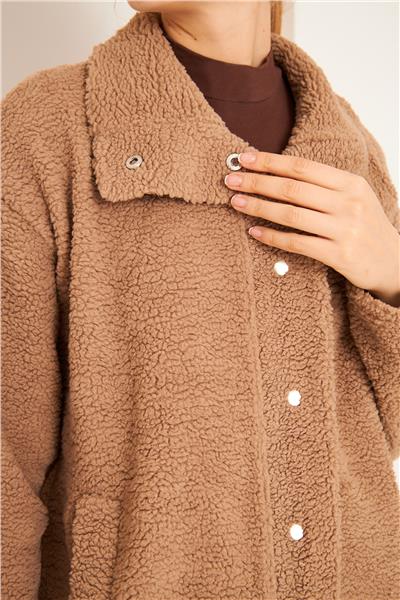 Kadın Yandan Cepli Çıtçıtlı Kuzu Kumaş Peluş Astarsız Mont Ceket Vizon