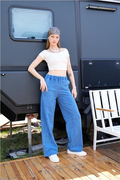 Kadın Yıkamalı 2 İplik Geniş Paça Cepli Eşofman Altı Mavi 24546