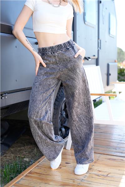 Kadın Yıkamalı 2 İplik Geniş Paça Cepli Eşofman Altı Siyah 24546