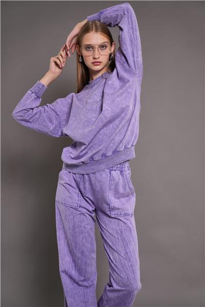 Kadın Yıkamalı Oversize Cepli 2 İplik Eşofman Takım Lila 24532