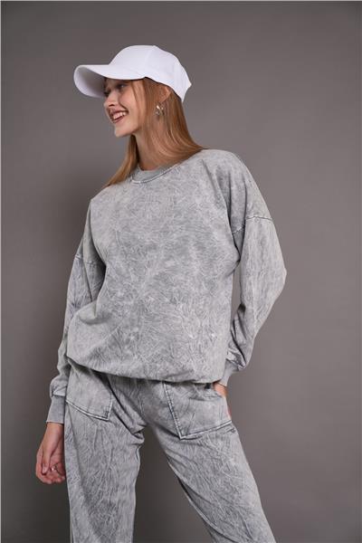 Kadın Yıkamalı Oversize Cepli 2 İplik Eşofman Takım Gri24532