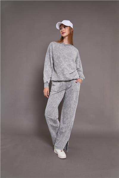 Kadın Yıkamalı Oversize Cepli 2 İplik Eşofman Takım Gri24532