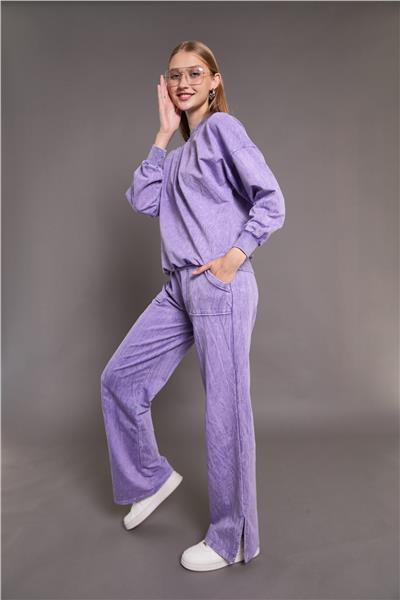 Kadın Yıkamalı Oversize Cepli 2 İplik Eşofman Takım Lila 24532