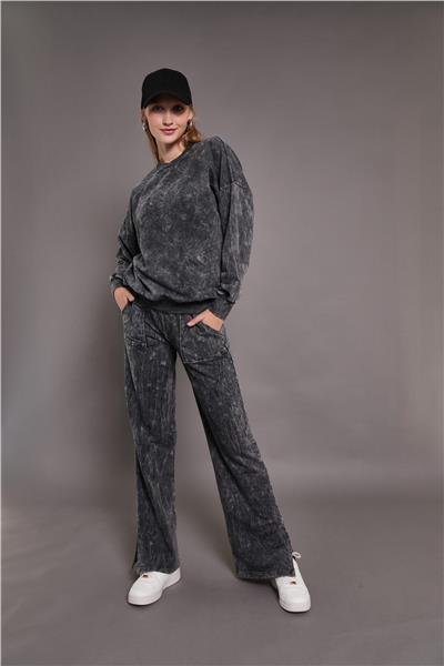 Kadın Yıkamalı Oversize Cepli 2 İplik Eşofman Takım Siyah 24532