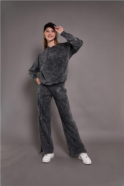 Kadın Yıkamalı Oversize Cepli 2 İplik Eşofman Takım Siyah 24532