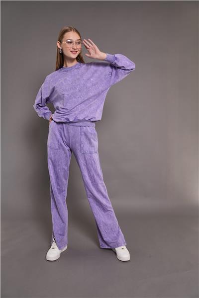 Kadın Yıkamalı Oversize Cepli 2 İplik Eşofman Takım Lila 24532