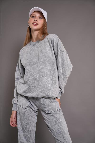 Kadın Yıkamalı Oversize Cepli 2 İplik Eşofman Takım Gri24532