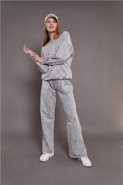 Kadın Yıkamalı Oversize Cepli 2 İplik Eşofman Takım Gri24532