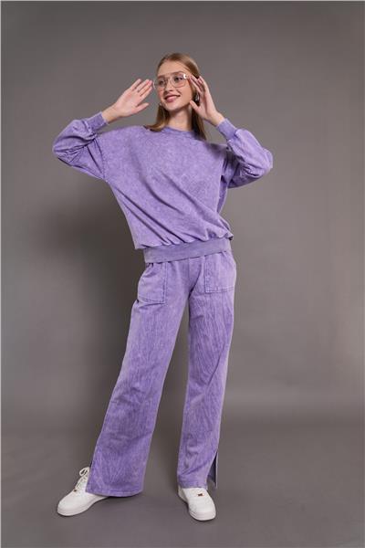 Kadın Yıkamalı Oversize Cepli 2 İplik Eşofman Takım Lila 24532