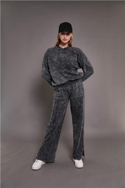 Kadın Yıkamalı Oversize Cepli 2 İplik Eşofman Takım Siyah 24532