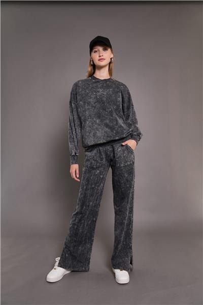 Kadın Yıkamalı Oversize Cepli 2 İplik Eşofman Takım Siyah 24532