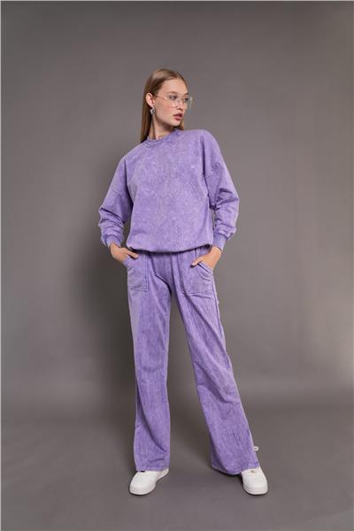 Kadın Yıkamalı Oversize Cepli 2 İplik Eşofman Takım Lila 24532