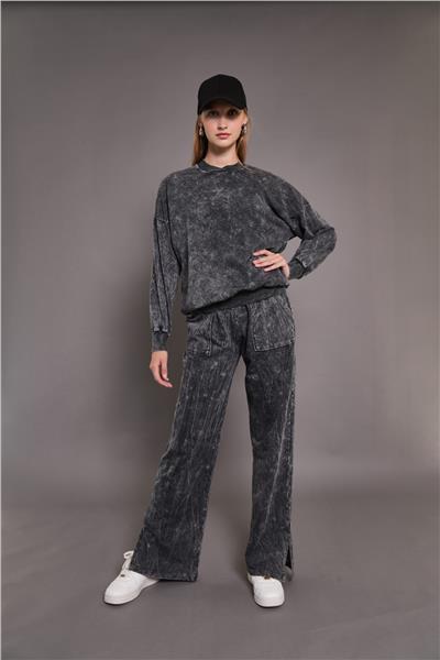 Kadın Yıkamalı Oversize Cepli 2 İplik Eşofman Takım Siyah 24532