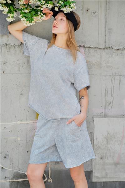 Kadın Yıkamalı Şortlu T-Shirt İkili Takım 25056