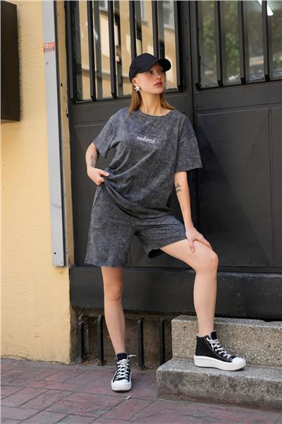 Kadın Yıkamalı Şortlu T-Shirt İkili Takım 25056