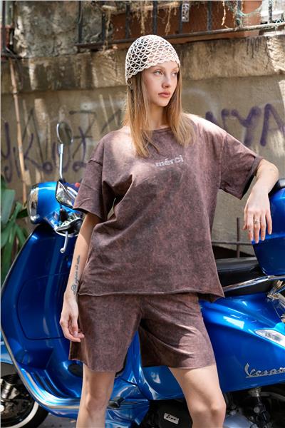 Kadın Yıkamalı Şortlu T-Shirt İkili Takım 25056