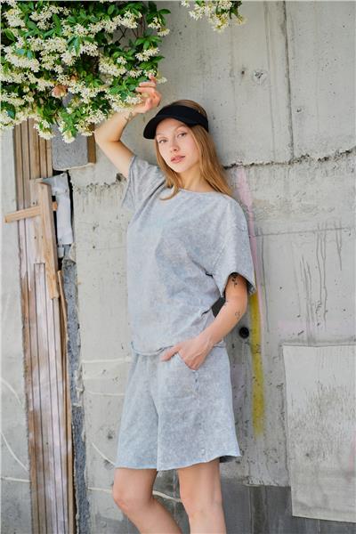 Kadın Yıkamalı Şortlu T-Shirt İkili Takım 25056