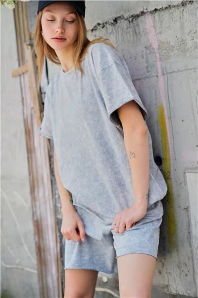 Kadın Yıkamalı Şortlu T-Shirt İkili Takım 25056