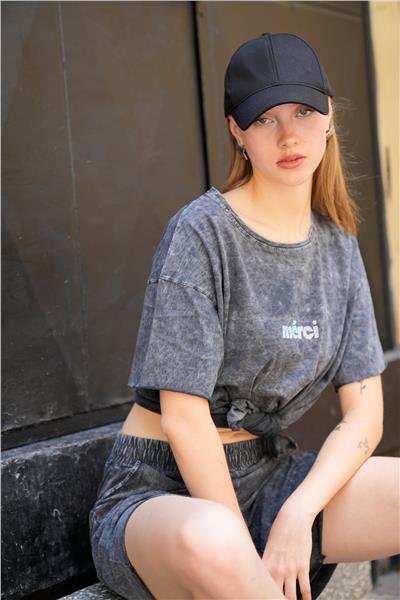 Kadın Yıkamalı Şortlu T-Shirt İkili Takım 25056
