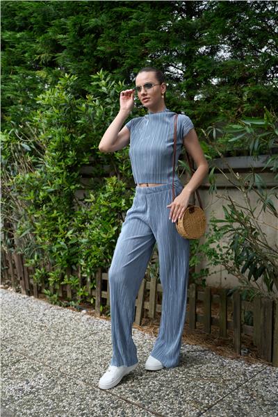 Örme Piliseli Dik Yaka Crop İkili Pantolonlu Takım Cepli  24108 Mavi