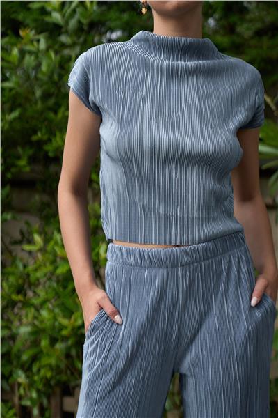 Örme Piliseli Dik Yaka Crop İkili Pantolonlu Takım Cepli  24108 Mavi