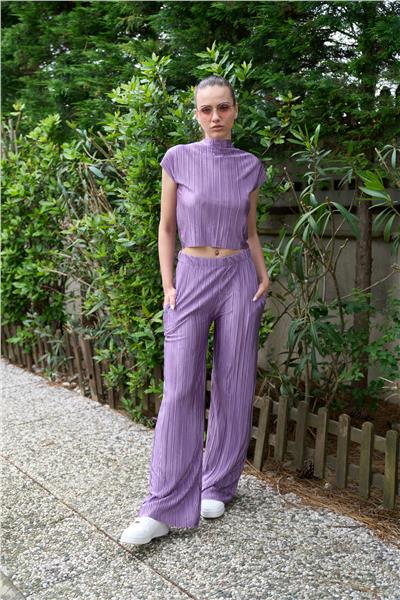 Örme Piliseli Dik Yaka Crop İkili Pantolonlu Takım Cepli  24108 Lila