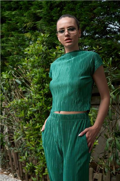 Örme Piliseli Dik Yaka Crop İkili Pantolonlu Takım Cepli  24108 Yeşil