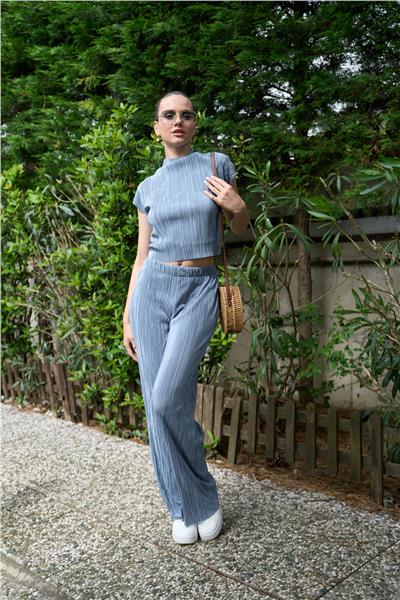 Örme Piliseli Dik Yaka Crop İkili Pantolonlu Takım Cepli  24108 Mavi