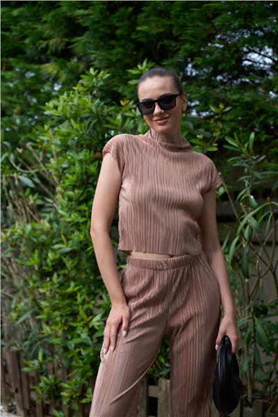 Örme Piliseli Dik Yaka Crop İkili Pantolonlu Takım Cepli  24108 Vizon