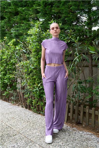 Örme Piliseli Dik Yaka Crop İkili Pantolonlu Takım Cepli  24108 Lila