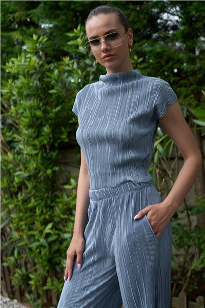 Örme Piliseli Dik Yaka Crop İkili Pantolonlu Takım Cepli  24108 Mavi