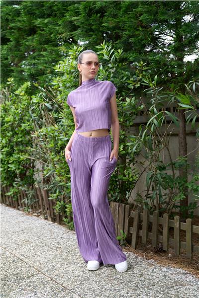 Örme Piliseli Dik Yaka Crop İkili Pantolonlu Takım Cepli  24108 Lila