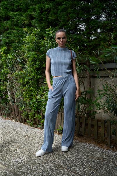 Örme Piliseli Dik Yaka Crop İkili Pantolonlu Takım Cepli  24108 Mavi