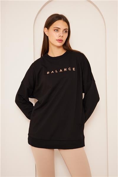Oversize %100 Pamuklu Şardonlu Sweatshirt 22907B2 -Siyah