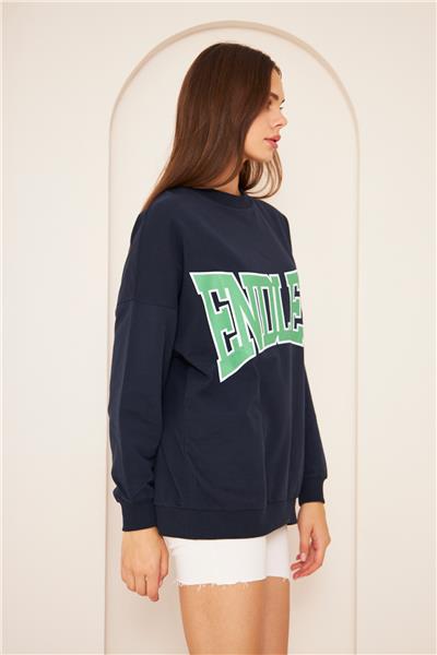 Oversize %100 Pamuklu Şardonlu Sweatshirt 22907B3 -Lacivert