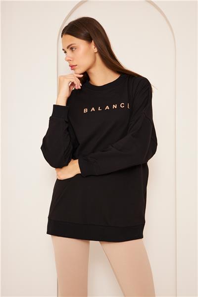 Oversize %100 Pamuklu Şardonlu Sweatshirt 22907B2 -Siyah