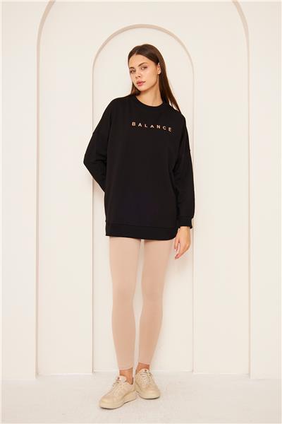 Oversize %100 Pamuklu Şardonlu Sweatshirt 22907B1 -Siyah